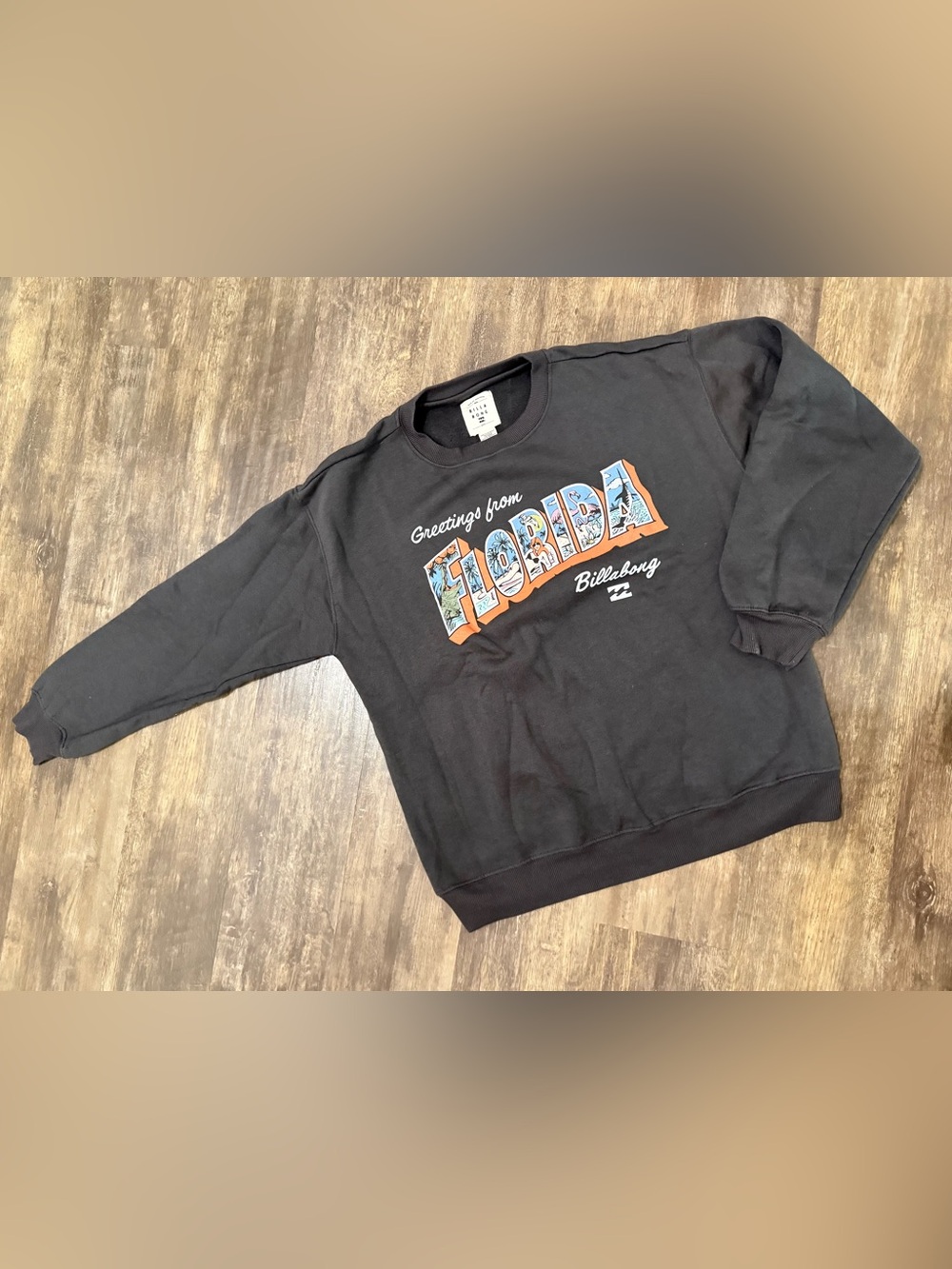 Billabong Dark Gray Crewneck Sweatshirt with Orange-Outlined Florida Graphic